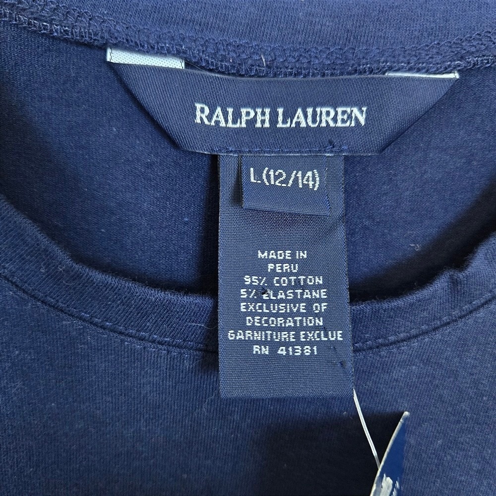 Vtg Ralph Lauren Girls Navy Pony Logo Cotton Long-Sleeve Y2K Tee Large 12/14 NEW - Picture 2 of 5